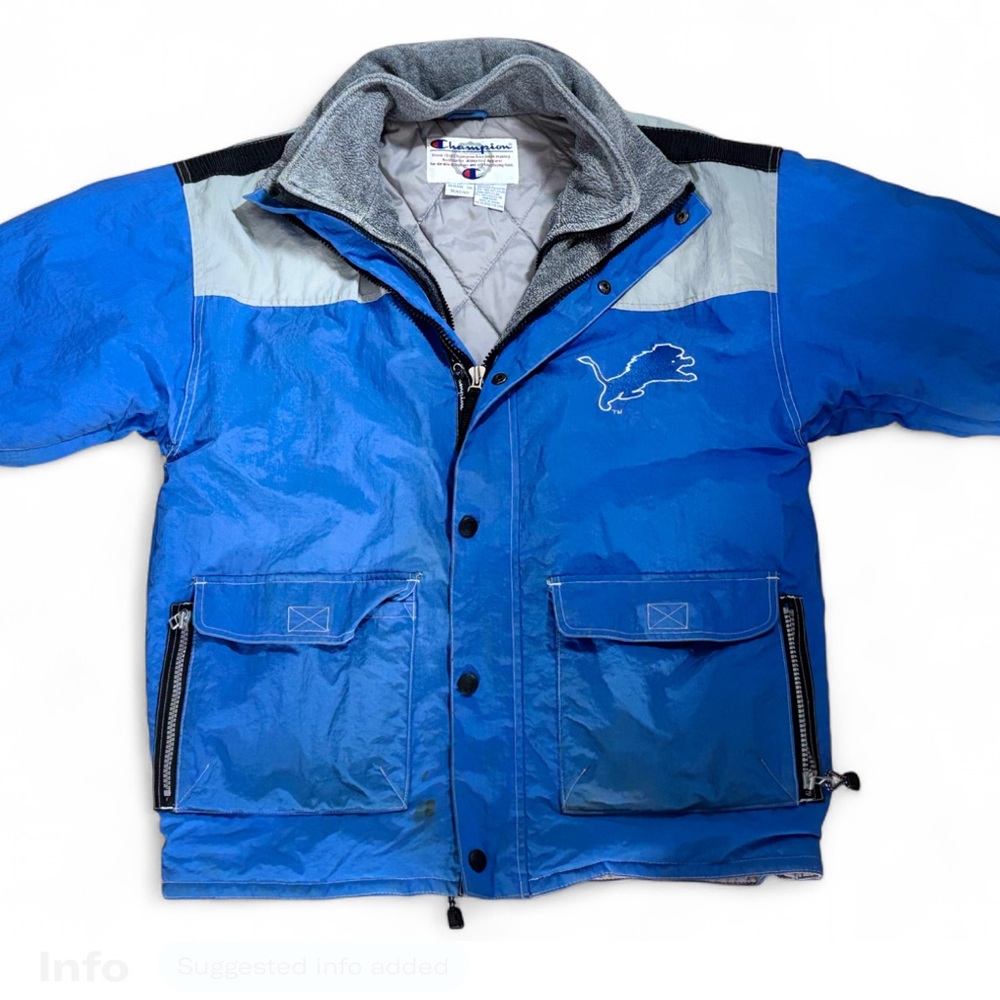 Vtg.  Champion NFL 90s Detroit Lions Quilted Lined Puffer Jacket Spell Out SzLrg